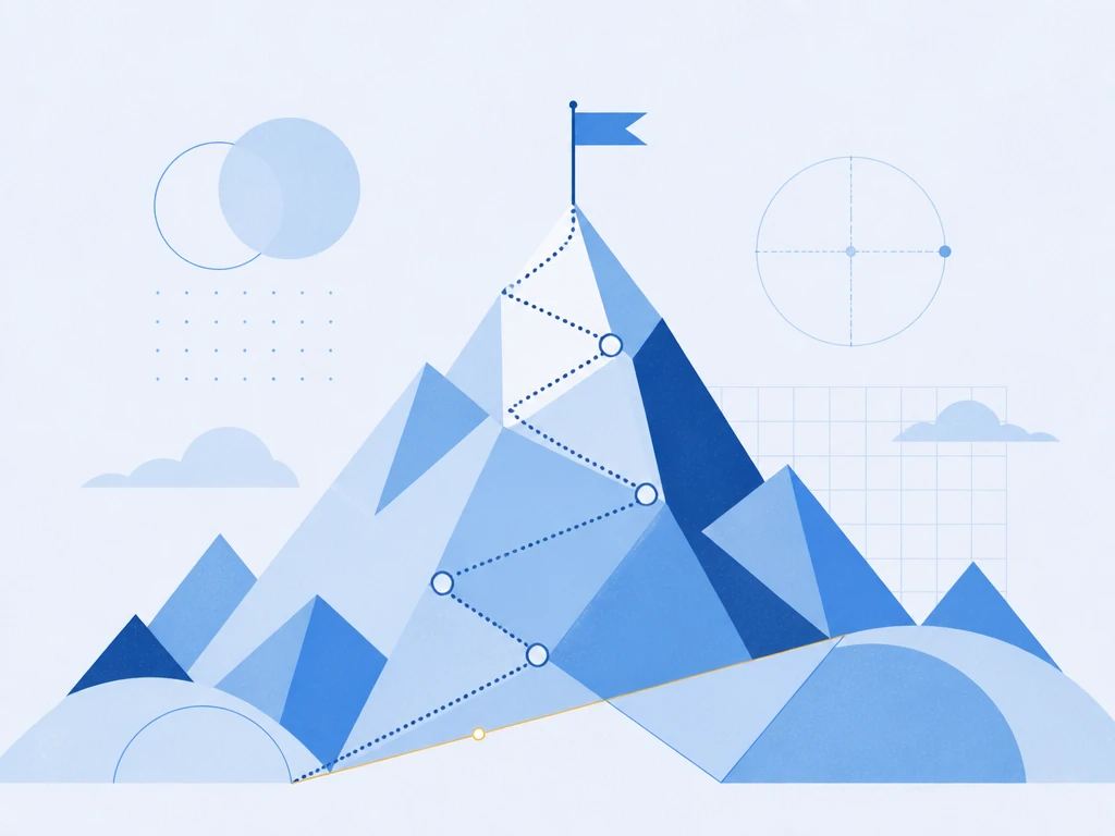 Flat illustration of a mountain with a flag on the summit, illustrating how hard the Life in the UK test is